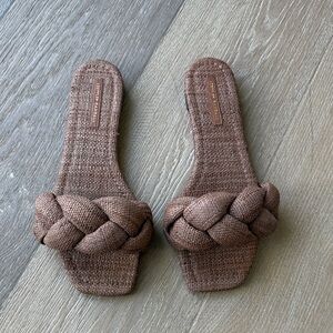 Loeffler Randall Brown Braided Raffia Slide Sandals